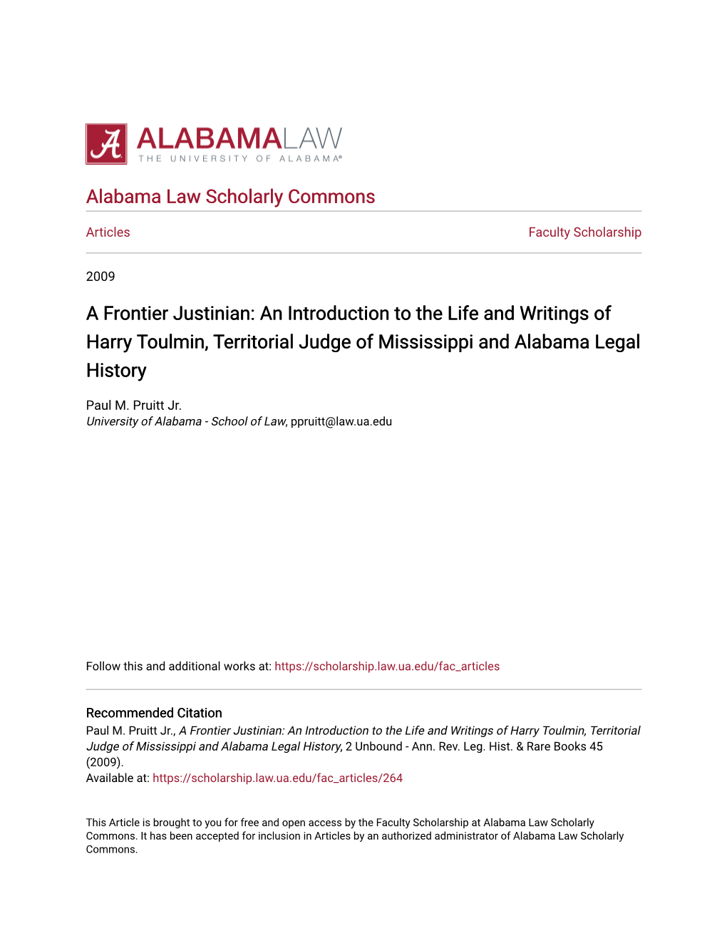 An Introduction to the Life and Writings of Harry Toulmin, Territorial Judge of Mississippi and Alabama Legal History