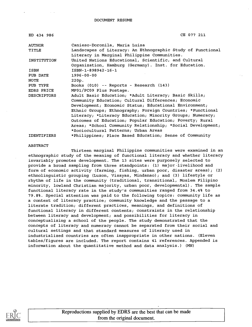 Landscapes of Literacy: an Ethnographic Study of Functional Literacy in Marginal Philippine Communities