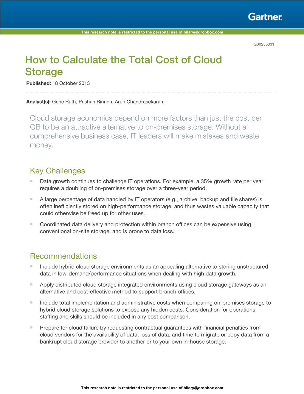 How to Calculate the Total Cost of Cloud Storage Published: 18 October 2013