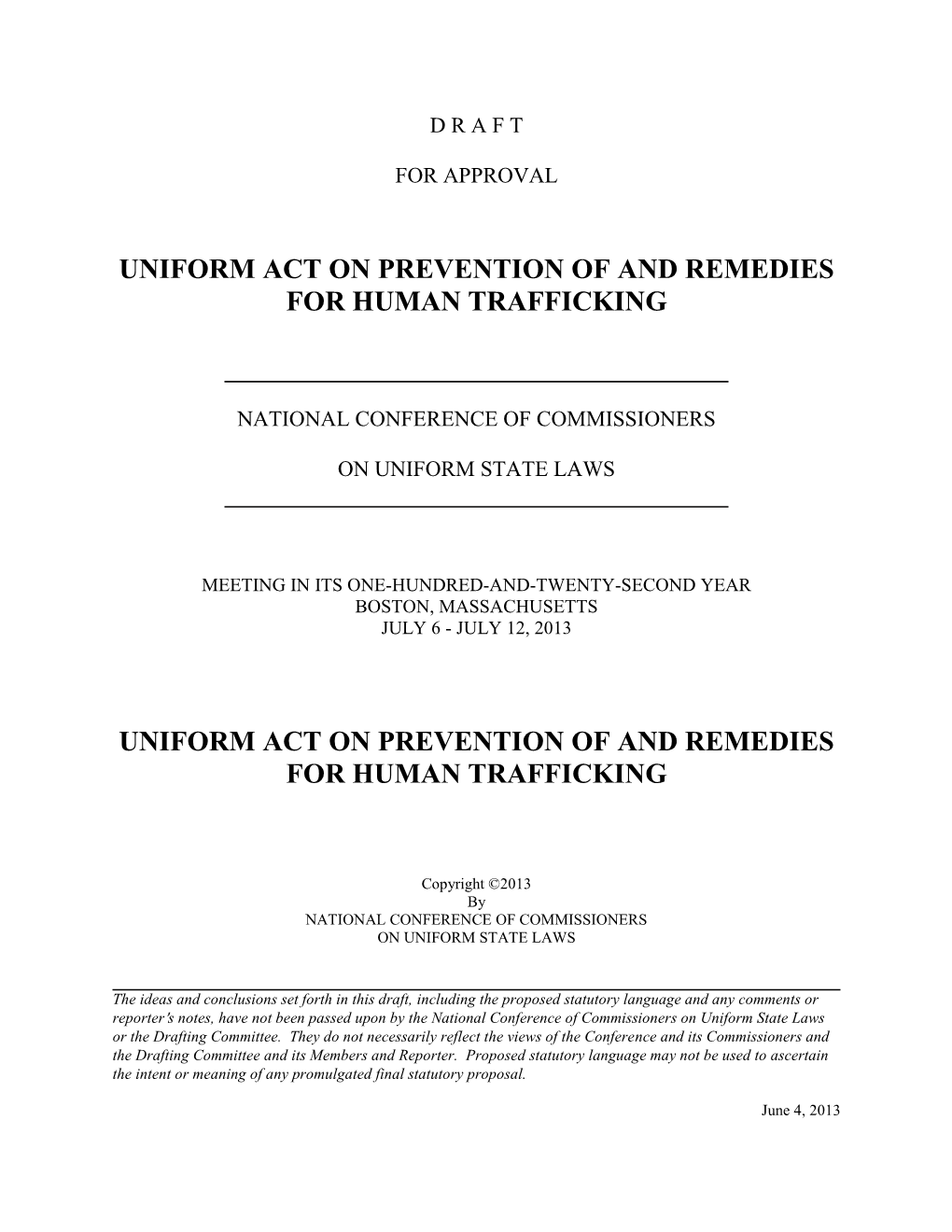 Uniform Act on Prevention of and Remedies for Human Trafficking