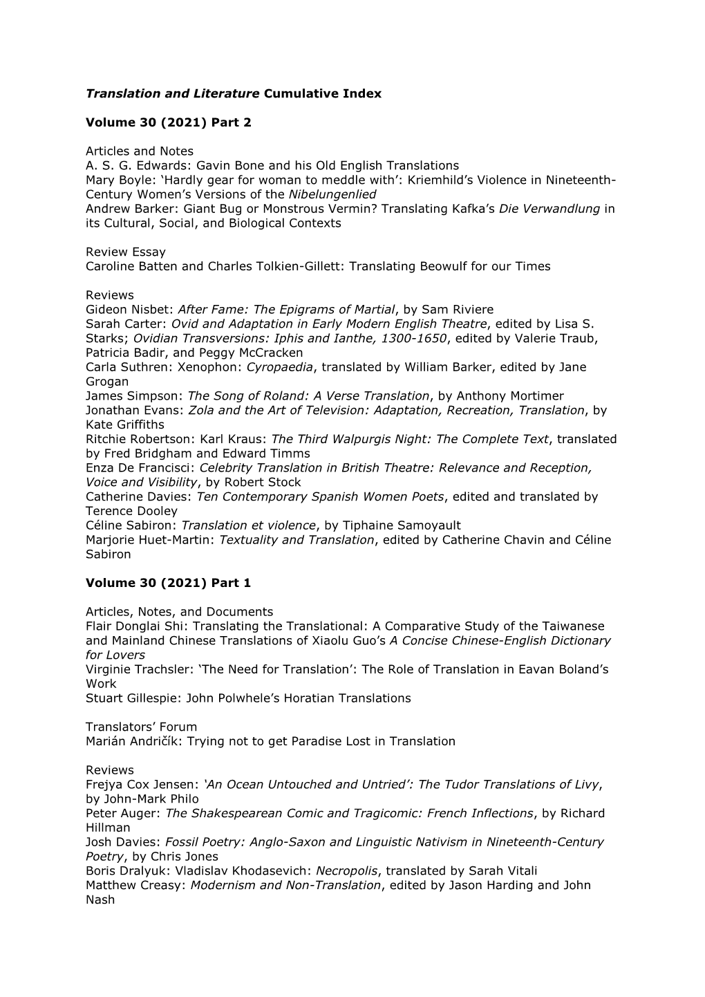 Translation and Literature Cumulative Index Volume 30