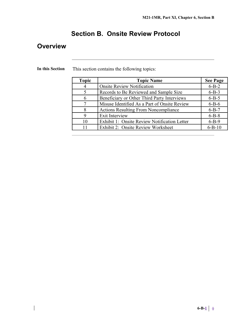 M21-1MR, Part XI, Chapter 6, Section B. Onsite Review Protocol