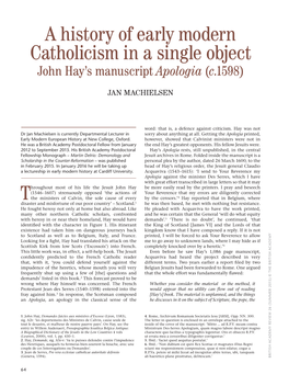A History of Early Modern Catholicism in a Single Object John Hay’S Manuscript Apologia (C.1598)