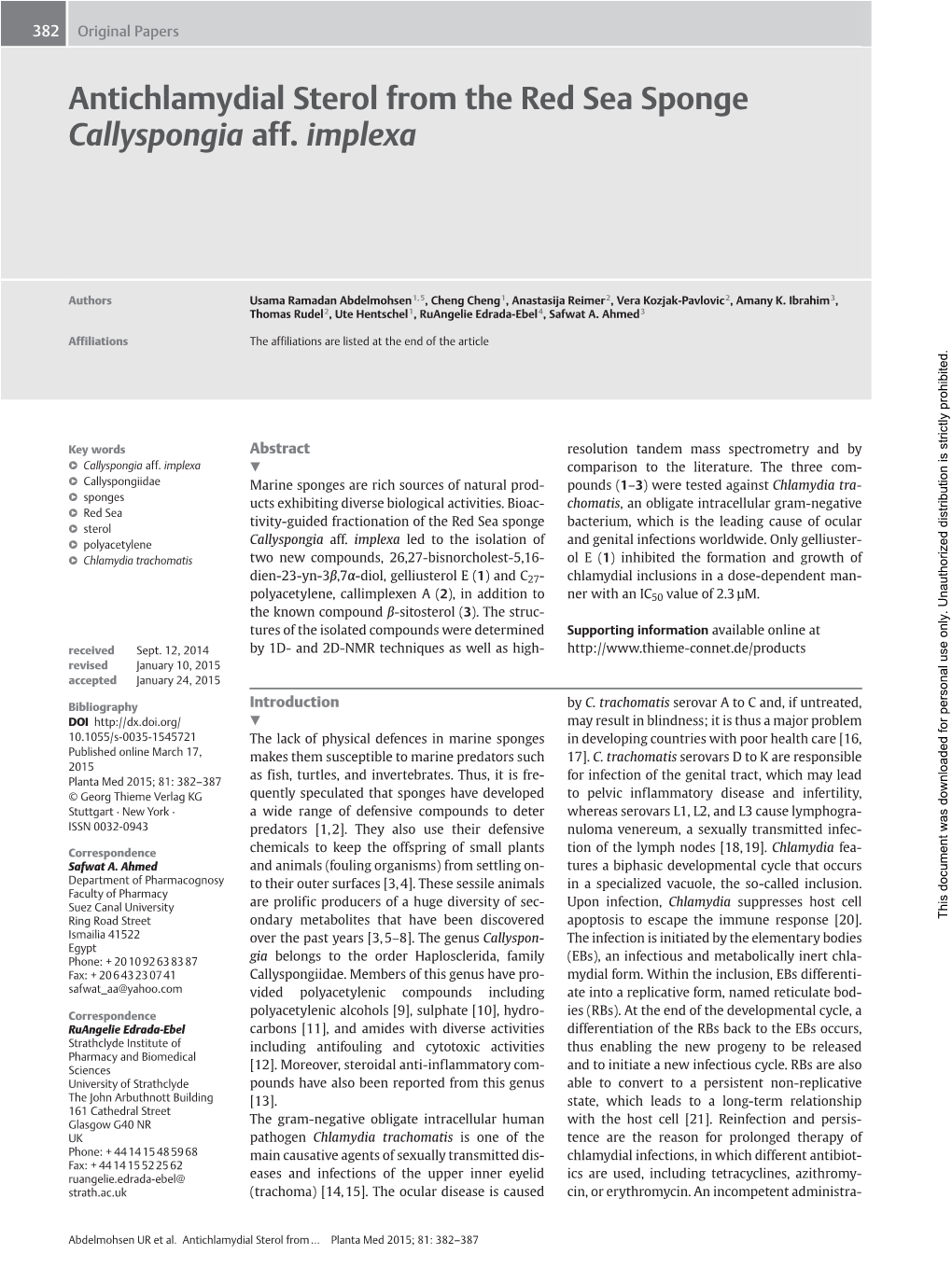 Antichlamydial Sterol from the Red Sea Sponge Callyspongia Aff