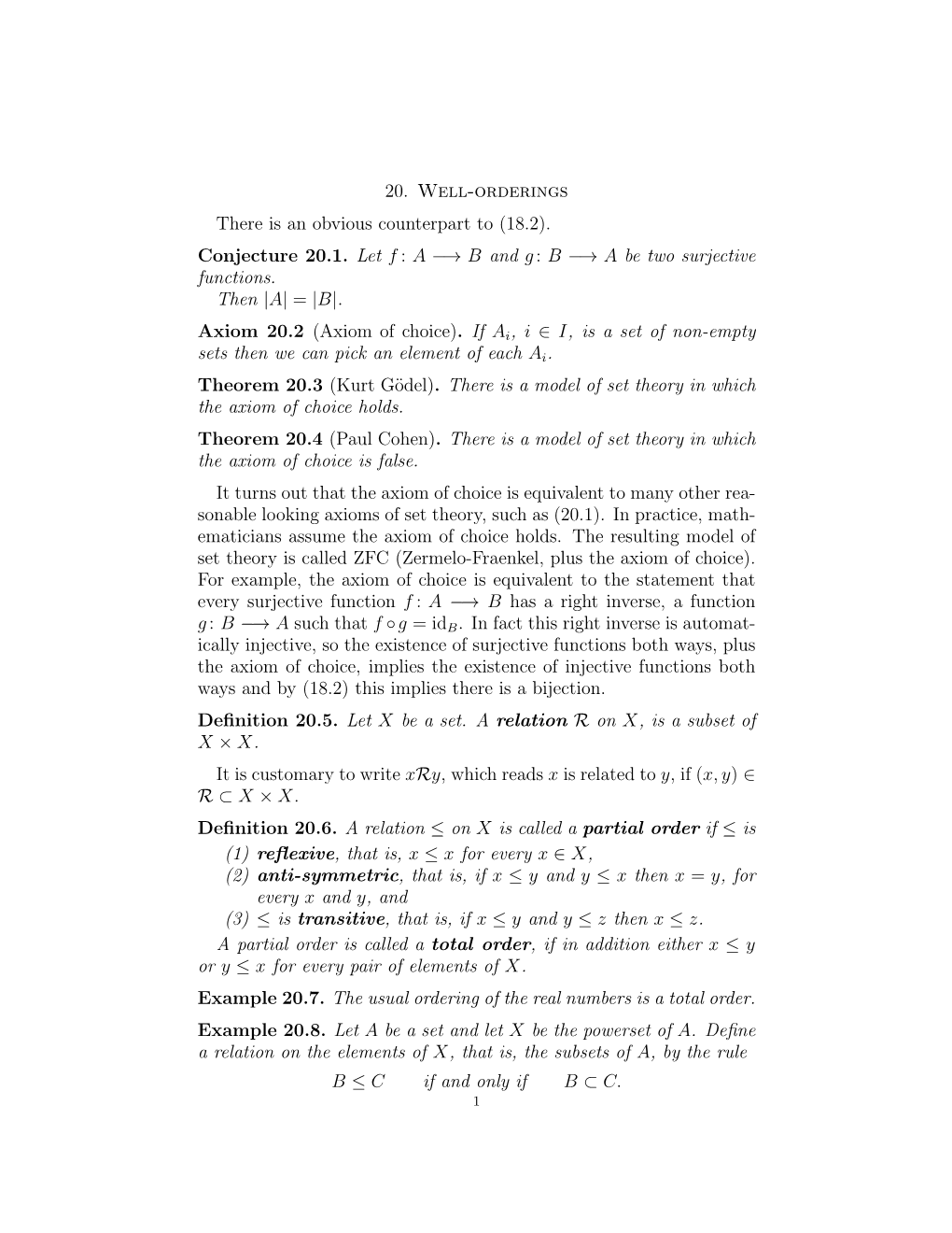 20. Well-Orderings There Is an Obvious Counterpart to (18.2). Conjecture 20.1. Let F : a −→ B and G: B −→ a Be Two Surje