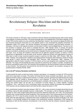 Shia Islam and the Iranian Revolution Written by Nathan Olsen