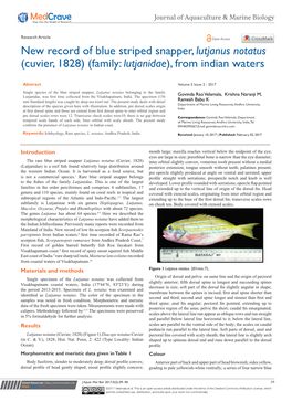 New Record of Blue Striped Snapper, Lutjanus Notatus (Cuvier, 1828) (Family: Lutjanidae), from Indian Waters