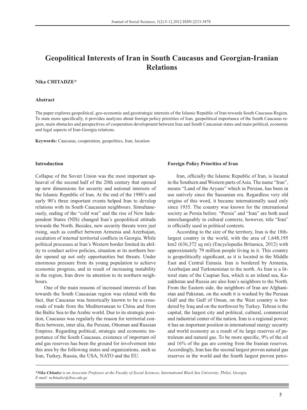 Geopolitical Interests of Iran in South Caucasus and Georgian-Iranian Relations