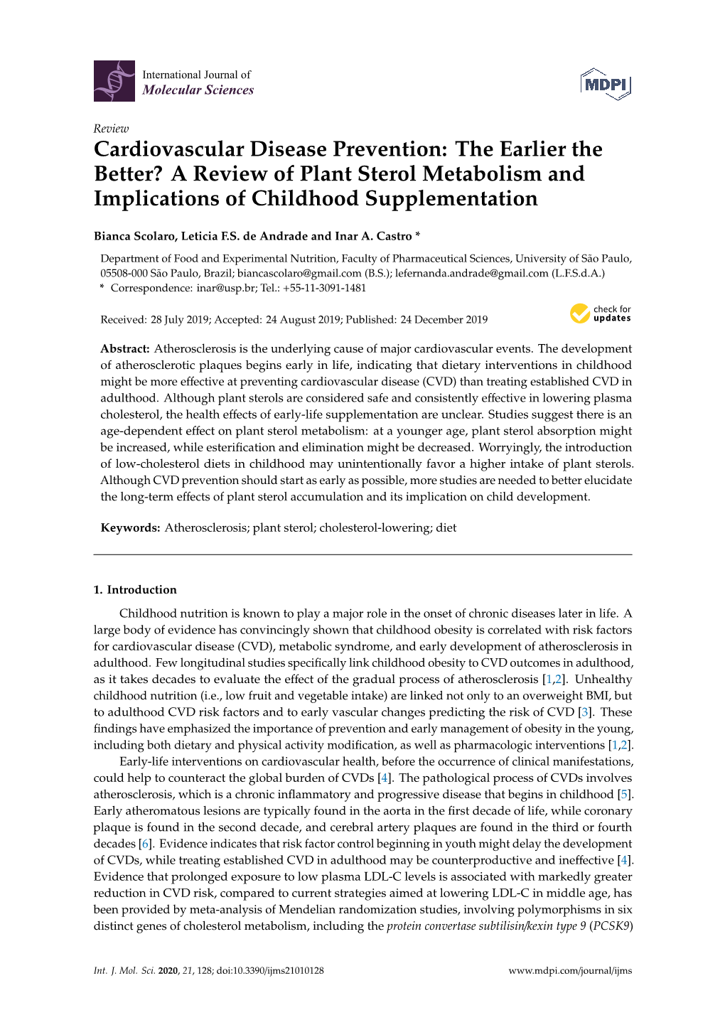 A Review of Plant Sterol Metabolism and Implications of Childhood Supplementation