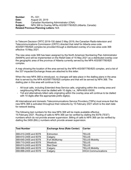 NPA 368 to Overlay Npas 403/587/780/825 (Alberta, Canada) Related Previous Planning Letters: N/A