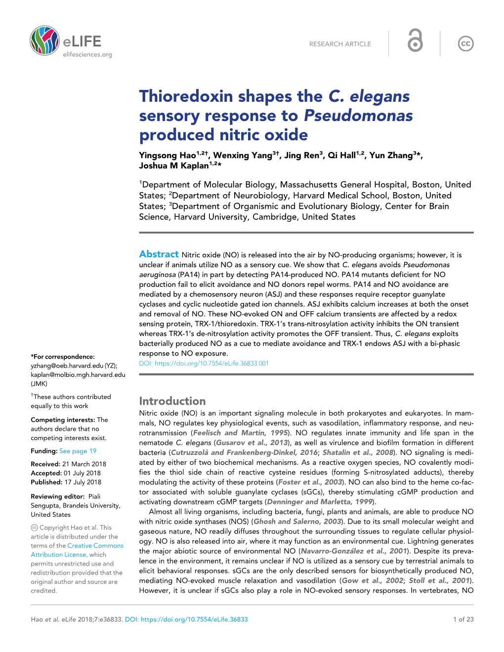 Thioredoxin Shapes the C. Elegans Sensory Response to Pseudomonas Produced Nitric Oxide