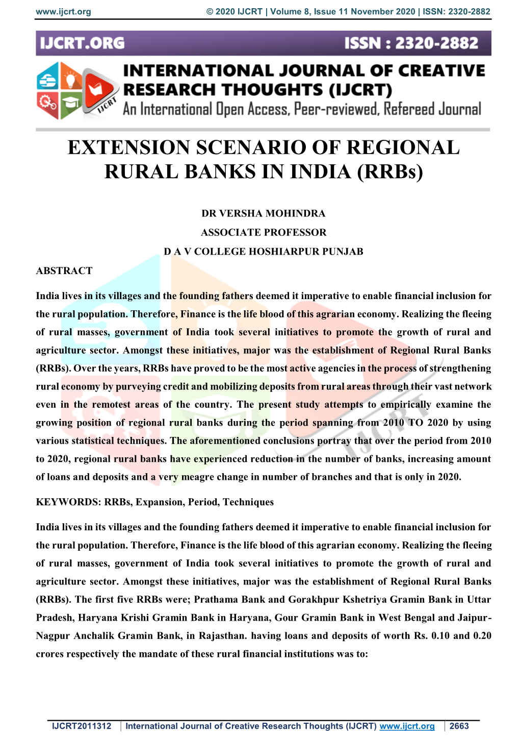 EXTENSION SCENARIO of REGIONAL RURAL BANKS in INDIA (Rrbs)