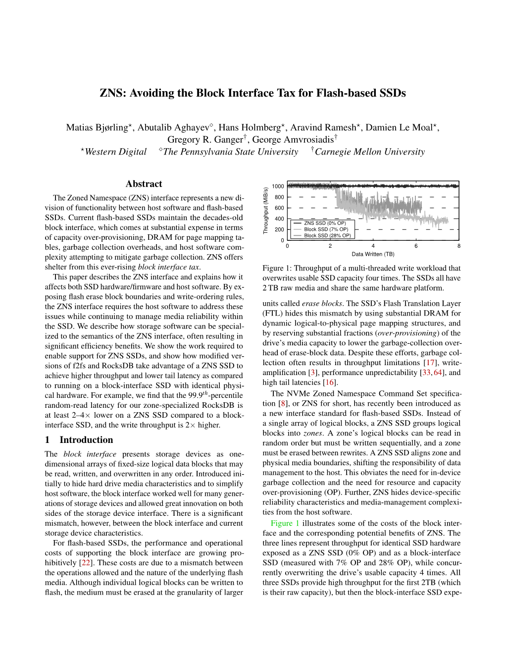 ZNS: Avoiding the Block Interface Tax for Flash-Based Ssds