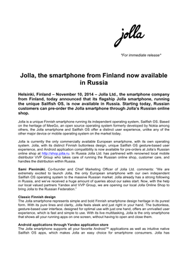 Jolla, the Smartphone from Finland Now Available in Russia