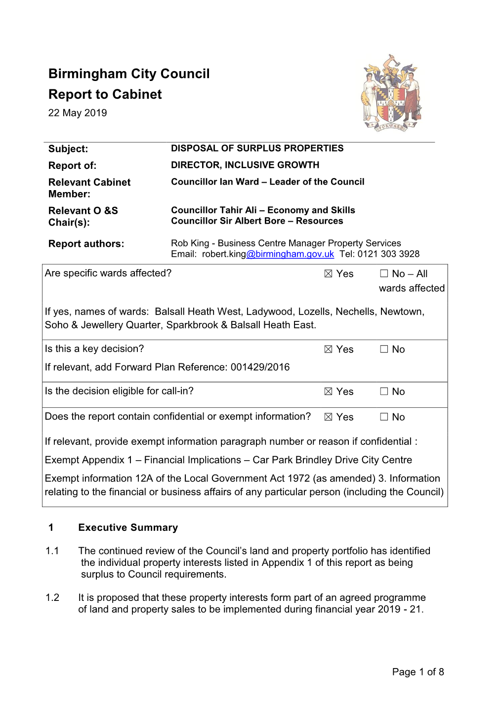 Birmingham City Council Report to Cabinet 22 May 2019