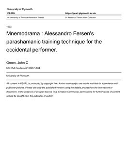 ALESSANDRO FERSEN's PARASHAMANIC TRAINING TECHNIQUE for the OCCIDENTAL PERFORMER JOHN C GREEN a Thesis Submitted To