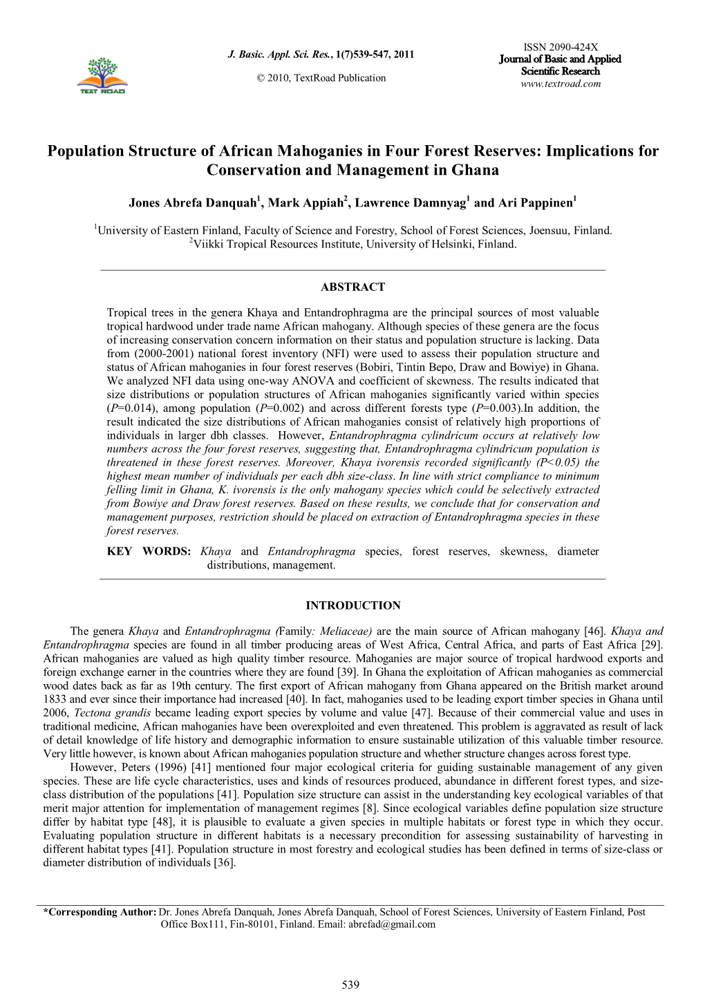 Population Structure of African Mahoganies in Four Forest Reserves: Implications for Conservation and Management in Ghana