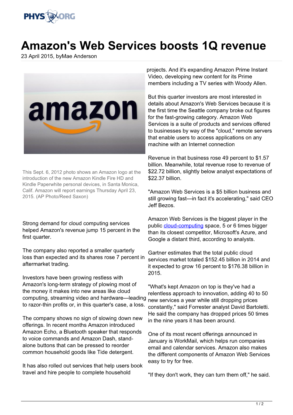 Amazon's Web Services Boosts 1Q Revenue 23 April 2015, Bymae Anderson