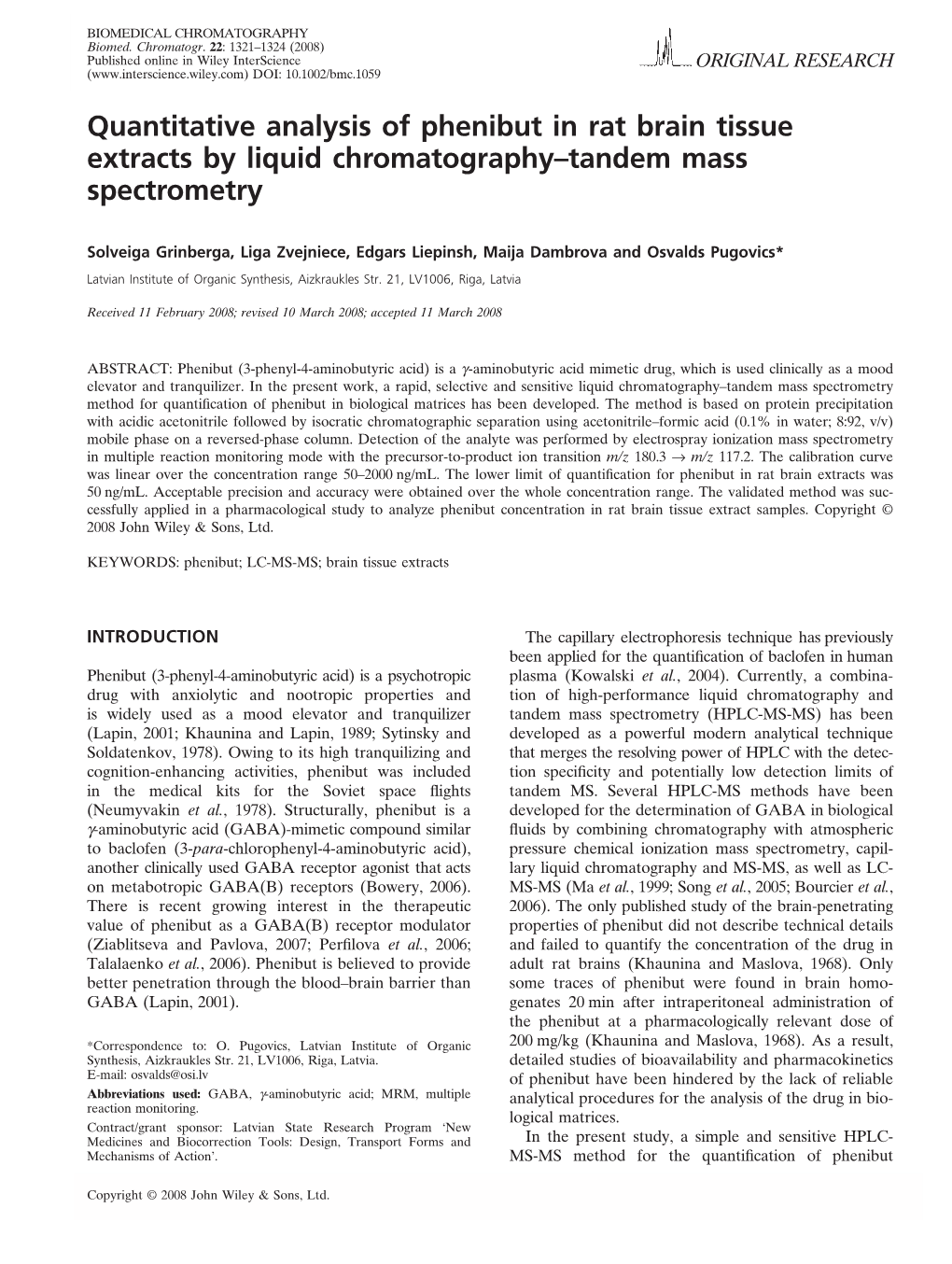Quantitative Analysis of Phenibut in Rat Brain Tissue Extracts by Liquid Chromatography–Tandem Mass Spectrometry