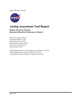 Analog Assessment Tool Report Human Research Program Behavioral Health & Performance Element