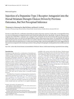 Injection of a Dopamine Type 2 Receptor Antagonist Into the Dorsal Striatum Disrupts Choices Driven by Previous Outcomes, but Not Perceptual Inference