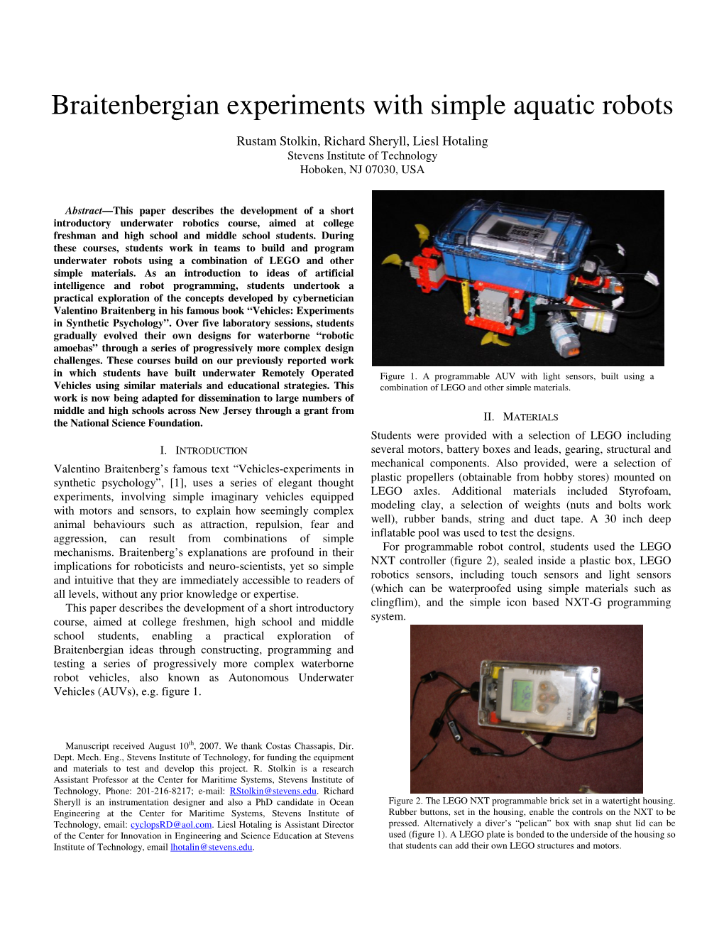 Braitenbergian Experiments with Simple Aquatic Robots