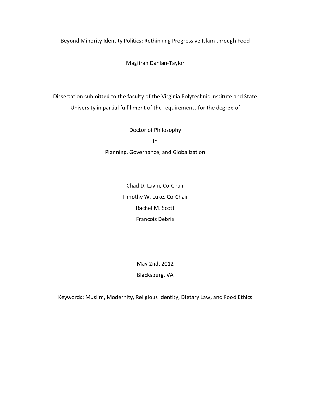 Rethinking Progressive Islam Through Food Magfirah Dahlan-Taylor Dissertation Submitted to Th