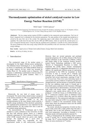 Thermodynamic Optimization of Nickel Catalyzed Reactor in Low Energy Nuclear Reaction (LENR) *