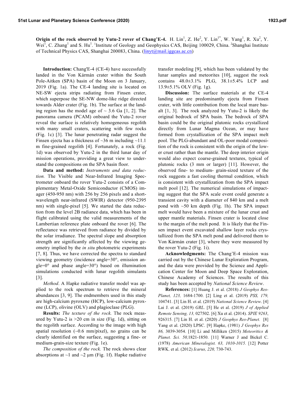 Origin of the Rock Observed by Yutu-2 Rover of Chang'e-4. H. Lin1, Z. He2