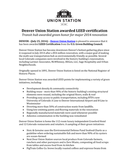 Denver Union Station Awarded LEED Certification Transit Hub Awarded Green Honor for Major 2014 Renovation