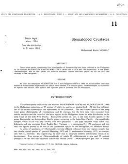 Stomatopod Crustacea Date De Distribution, Le 31 Mars 1986 Mohammad Kasim MOOSA *