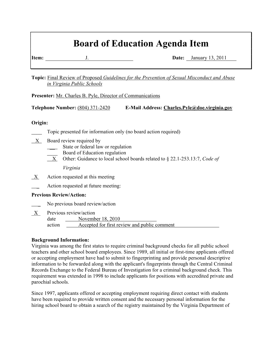 Board of Education Agenda Item