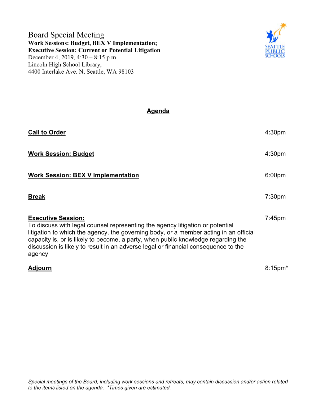 12/4 Board Special Meeting Agenda