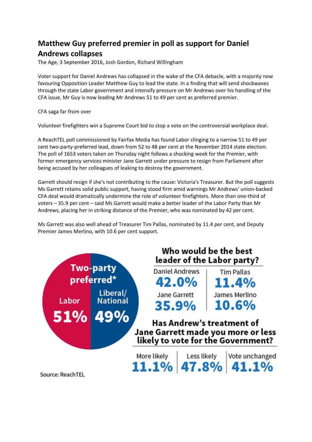 Matthew Guy Preferred Premier in Poll As Support for Daniel Andrews Collapses the Age, 3 September 2016, Josh Gordon, Richard Willingham