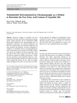 Trimethylsilyl Derivatization/Gas Chromatography As a Method to Determine the Free Fatty Acid Content of Vegetable Oils