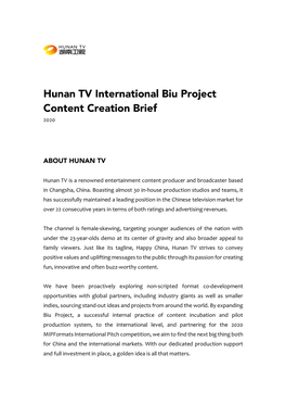 Hunan TV International Biu Project Content Creation Brief 2020