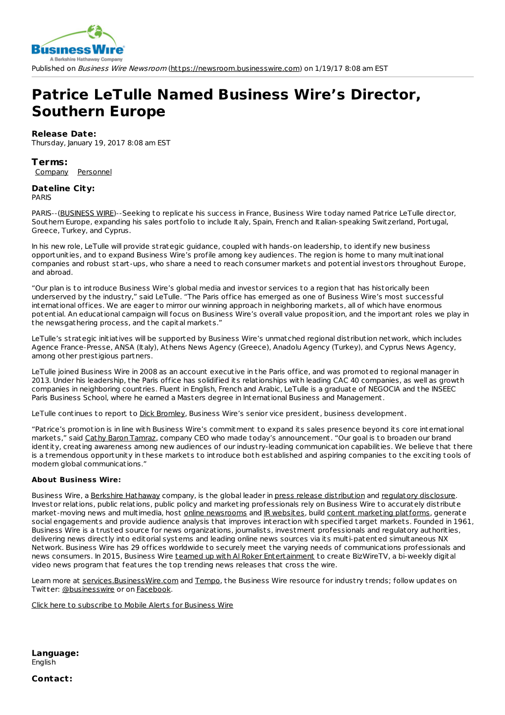 Patrice Letulle Named Business Wire's Director, Southern Europe