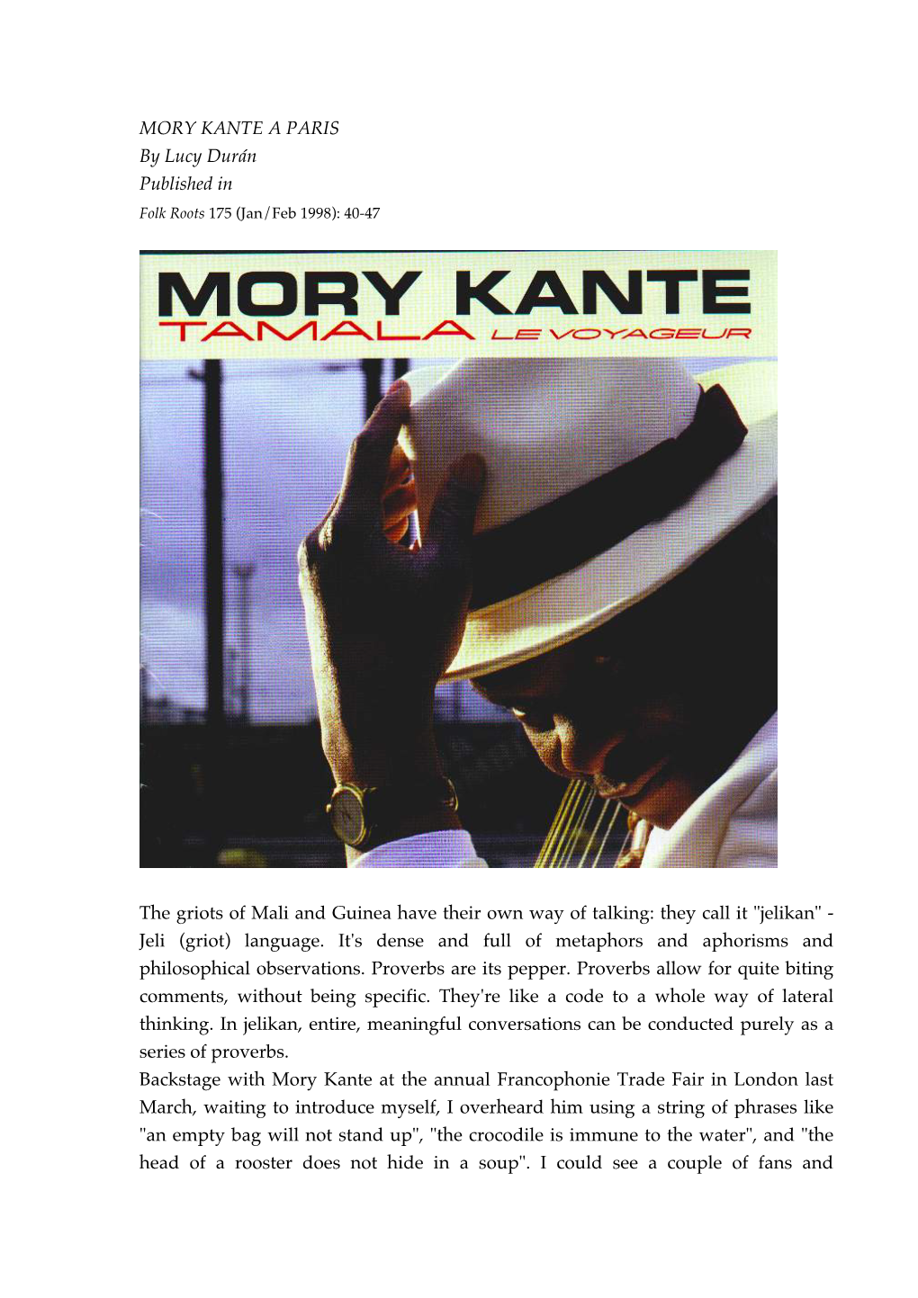 MORY KANTE a PARIS by Lucy Durán Published in the Griots Of