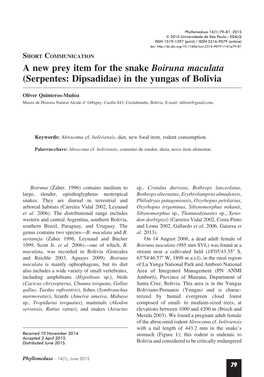 A New Prey Item for the Snake Boiruna Maculata (Serpentes: Dipsadidae) in the Yungas of Bolivia