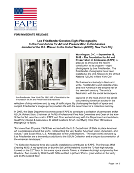 Lee Friedlander Donates Eight Photographs to the Foundation for Art and Preservation in Embassies Installed at the U.S