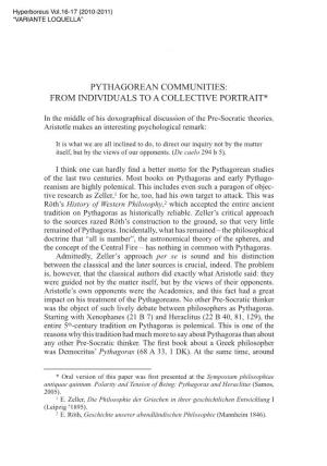 Pythagorean Communities: from Individuals to a Collective Portrait 311