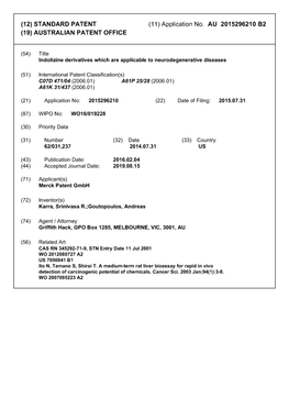 (12) (19) STANDARD PATENT AUSTRALIAN PATENT OFFICE (11) Application No. AU 2015296210 B2
