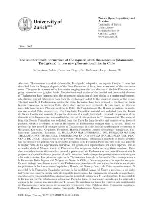 The Southernmost Occurrence of the Aquatic Sloth Thalassocnus (Mammalia, Tardigrada) in Two New Pliocene Localities in Chile