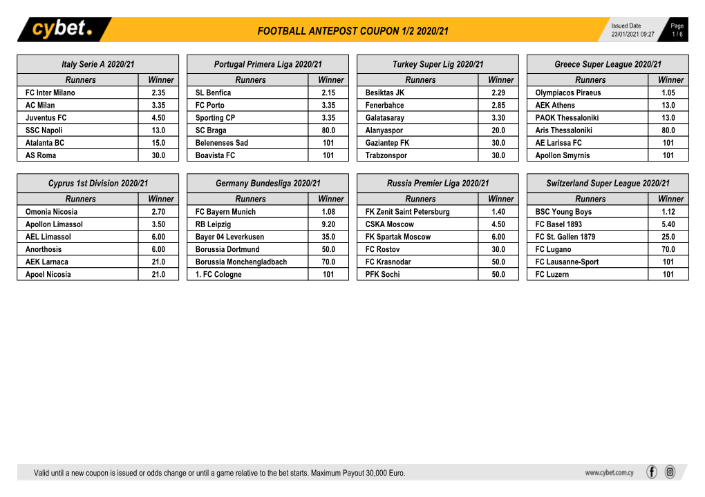 Football Antepost Coupon 1/2 2020/21 23/01/2021 09:27 1 / 6