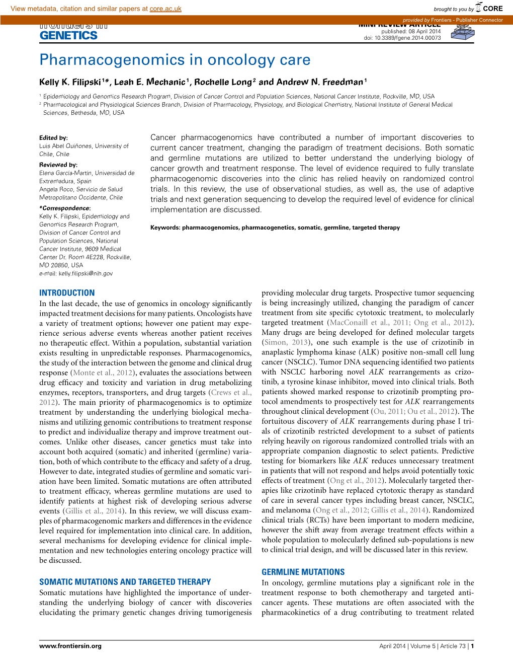 Pharmacogenomics in Oncology Care