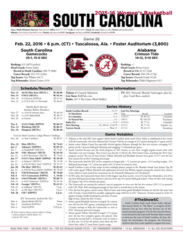 South Carolina Alabama Gamecocks Crimson Tide 25-1, 13-0 SEC 14-12, 3-10 SEC