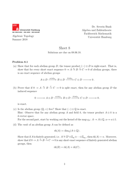 Sheet 8 Solutions Are Due on 08.06.18