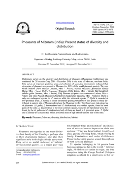 Pheasants of Mizoram (India): Present Status of Diversity and Distribution