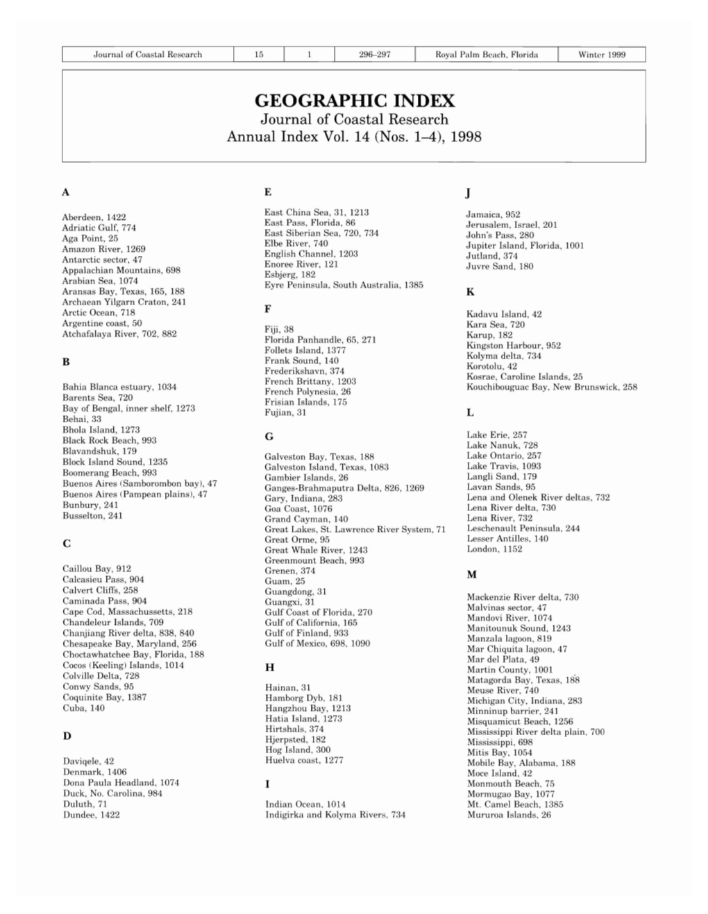 GEOGRAPHIC INDEX Journal of Coastal Research Annual Index Vol