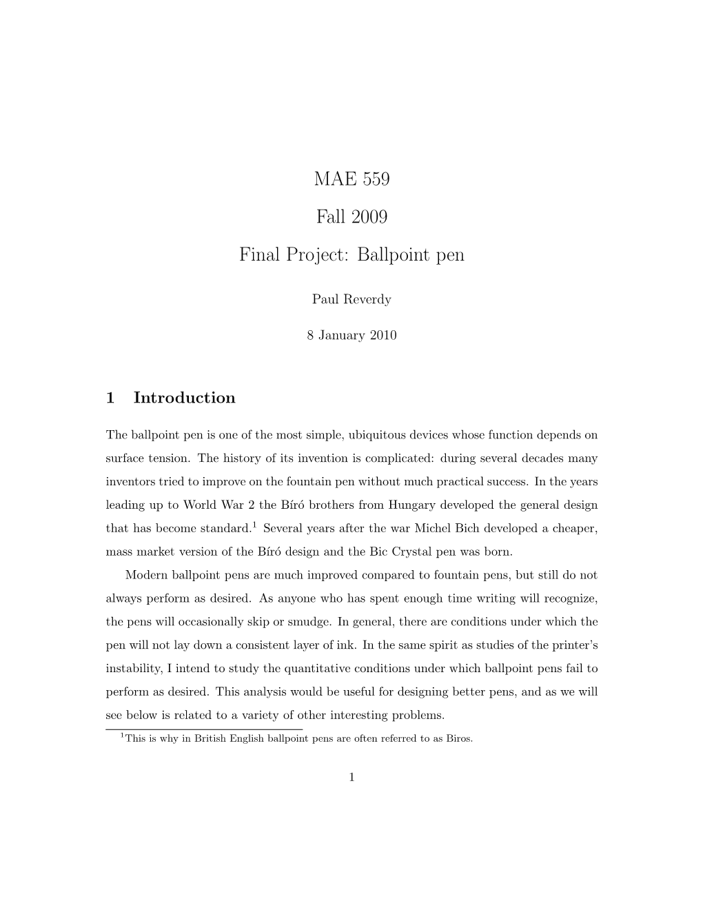 MAE 559 Fall 2009 Final Project: Ballpoint Pen